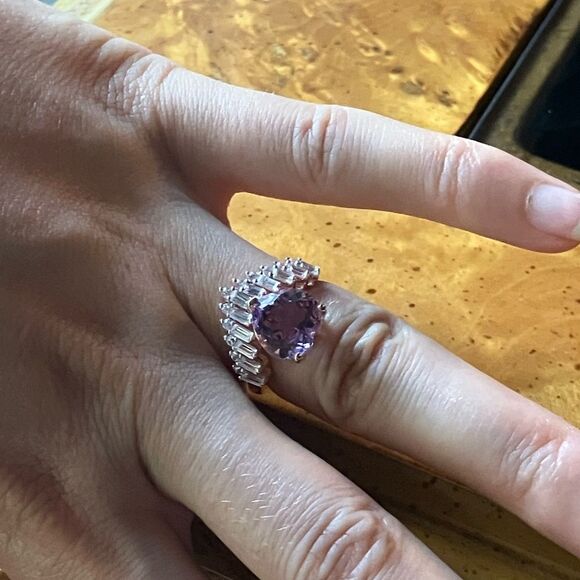 Natural Rose de France Amethyst Sterling Silver Chevron Heart Ring Size 6 - Picture 4 of 9